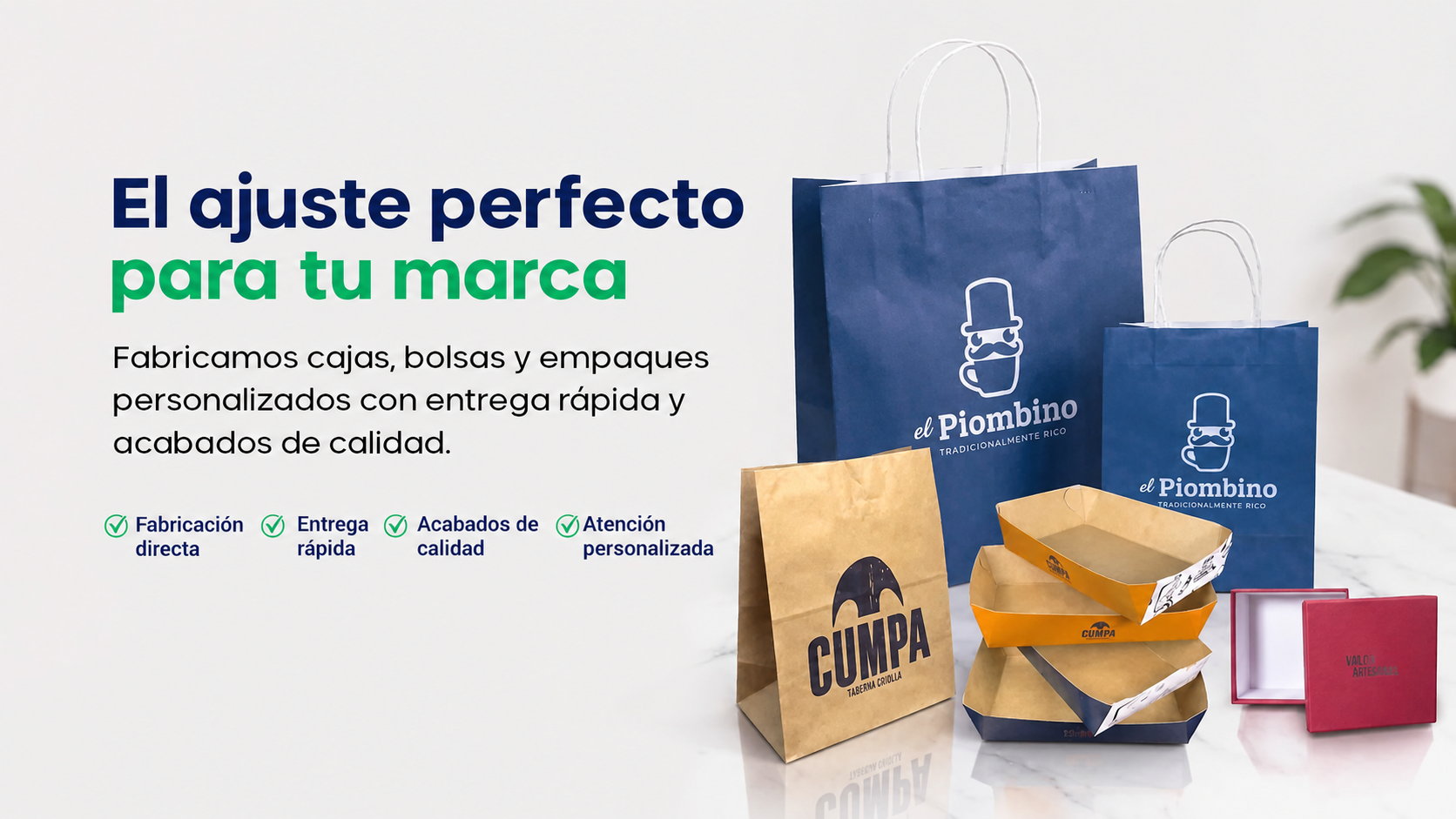 El ajuste perfecto para tu marca: empaques personalizados, beneficios de fabricación directa, entrega rápida, acabados de calidad y atención personalizada.